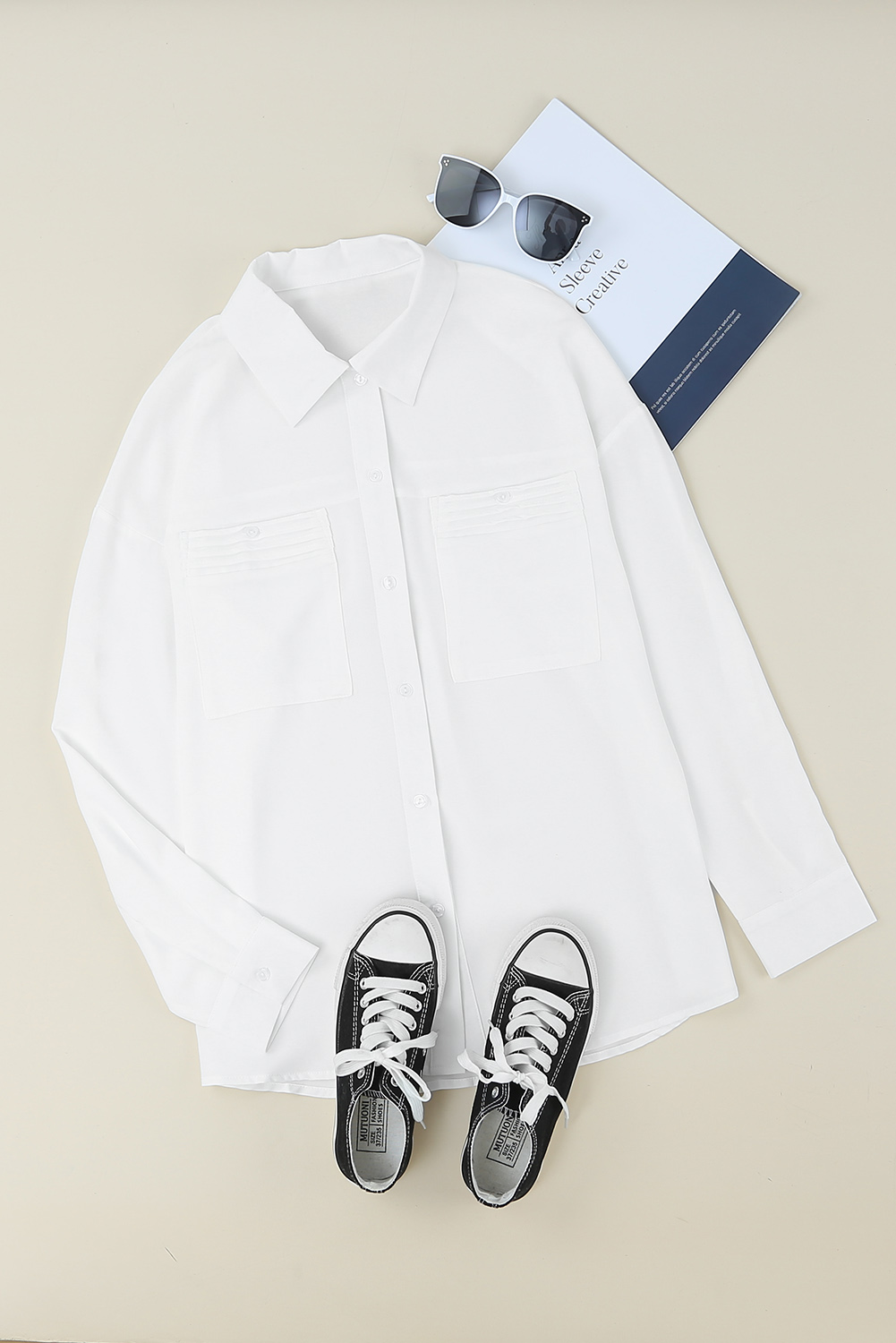 White Solid Pocket Long Sleeve Button-up Shirt - Image 5
