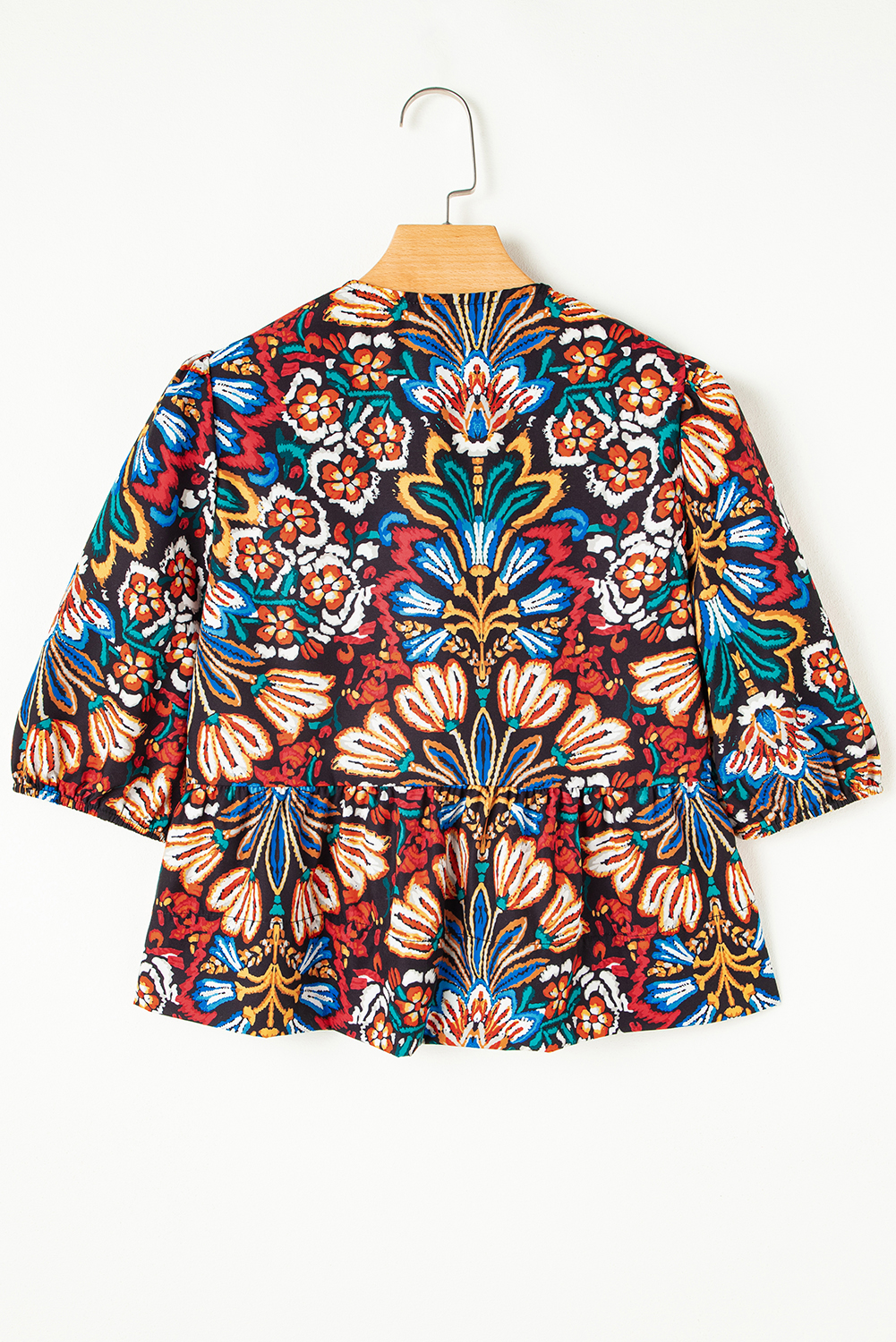Black Tropical Print Bubble Sleeve Knot Front Blouse - Image 7
