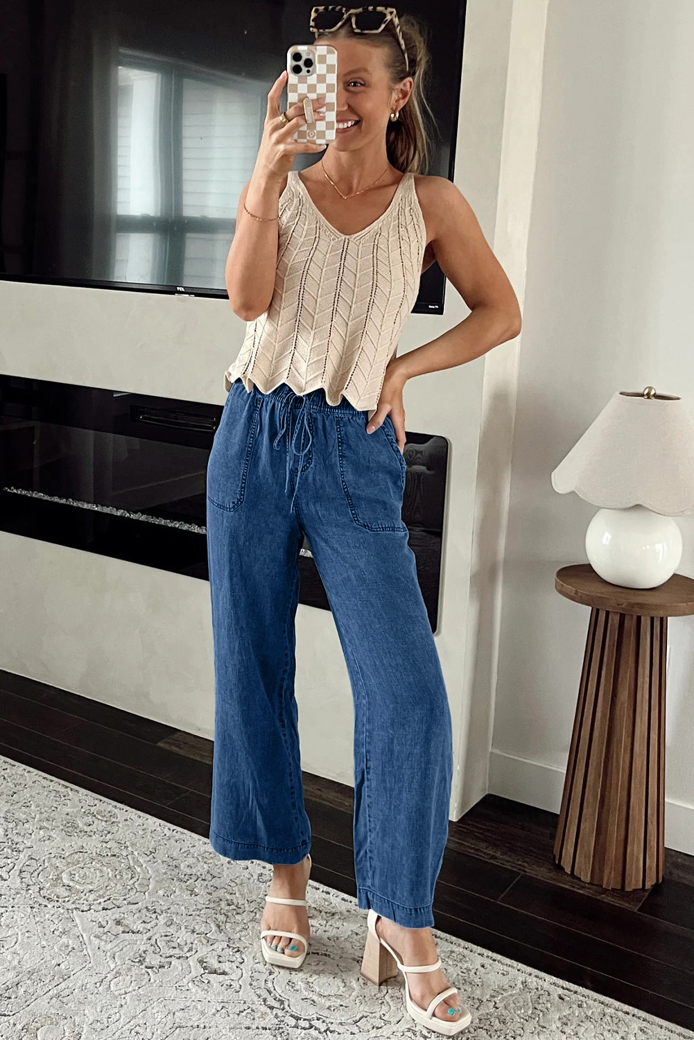 Sail Blue Mineral Wash Drawstring Waist Loose Straight Denim Pants - Image 4