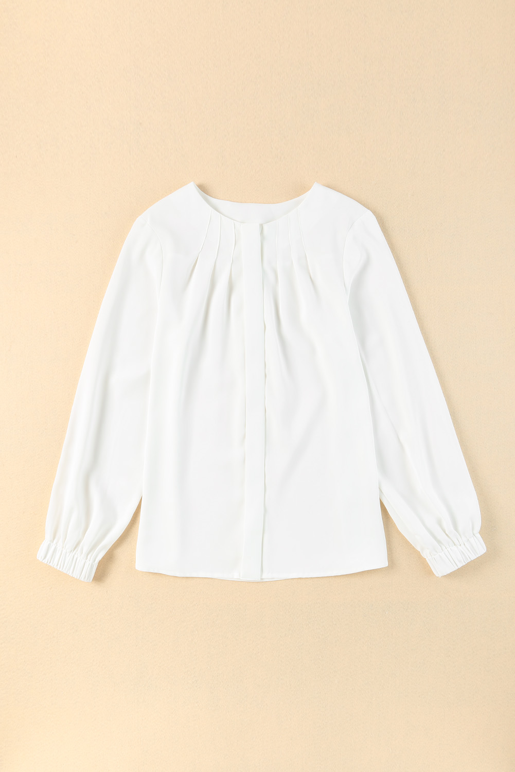 White Crew Neck Gathered Stretch Cuff Shirt - Image 6