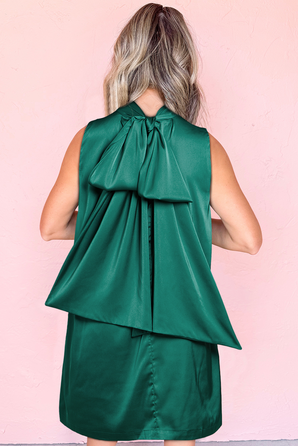 Evergreen Bow Tie Satin Shift Sleeveless Mini Dress - Image 4