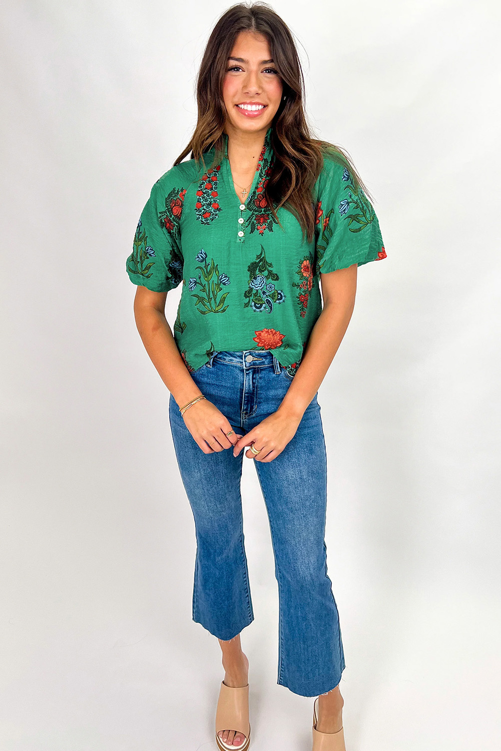 Bright Green Floral Print Buttoned V Neck Short Sleeve Blouse - Image 4