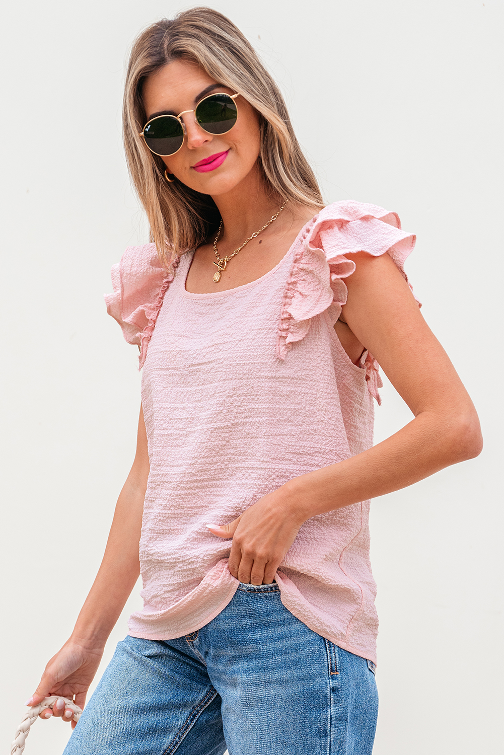 Gossamer Pink Textured Bow Knot Frilled Butterfly Sleeve Blouse - Image 11