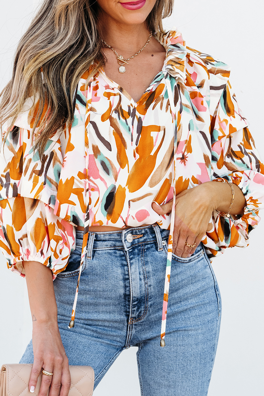 Yellow Abstract Print Drawstring Frilled V Neck 3/4 Sleeve Blouse - Image 6