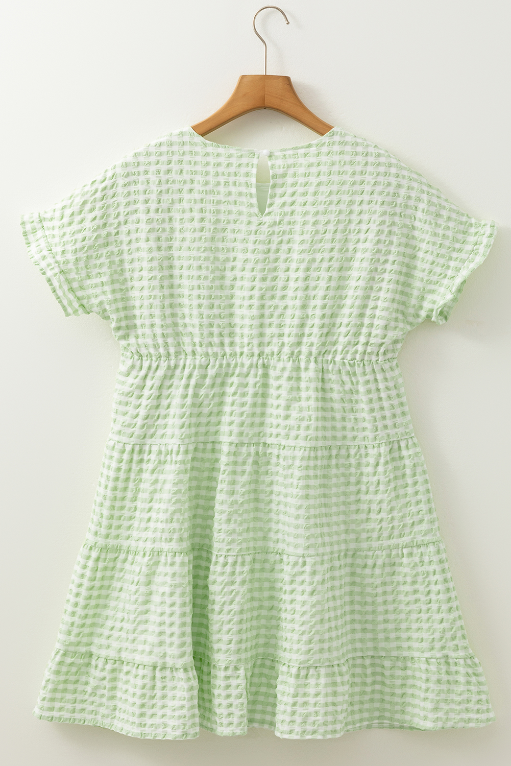 Green Stripe Textured Tiered Short Sleeve Loose Mini Dress - Image 6
