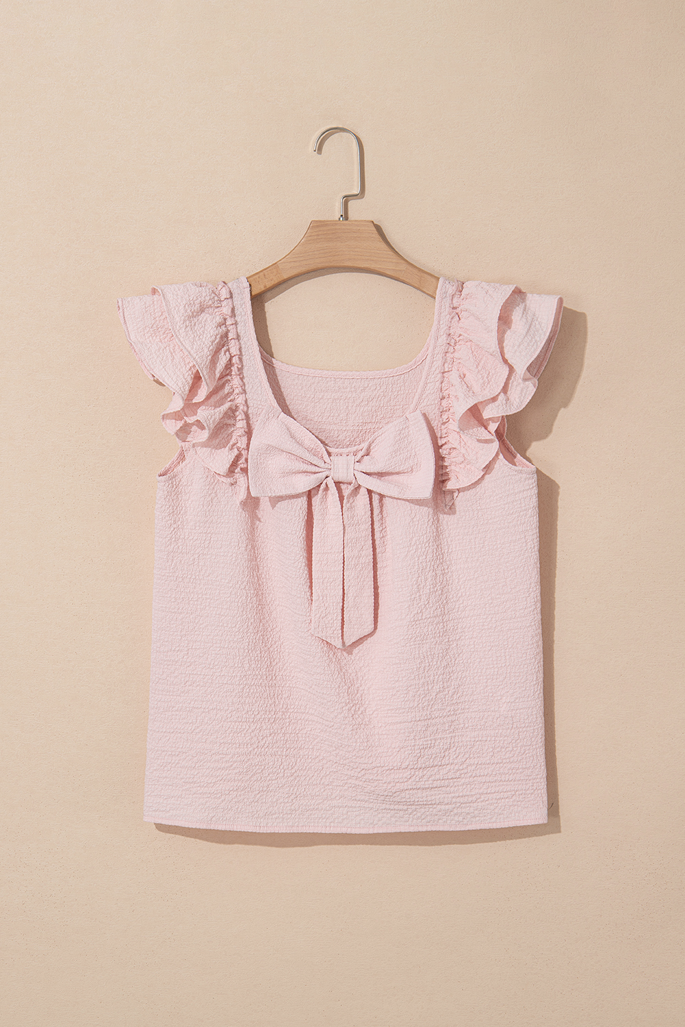 Gossamer Pink Textured Bow Knot Frilled Butterfly Sleeve Blouse - Image 7