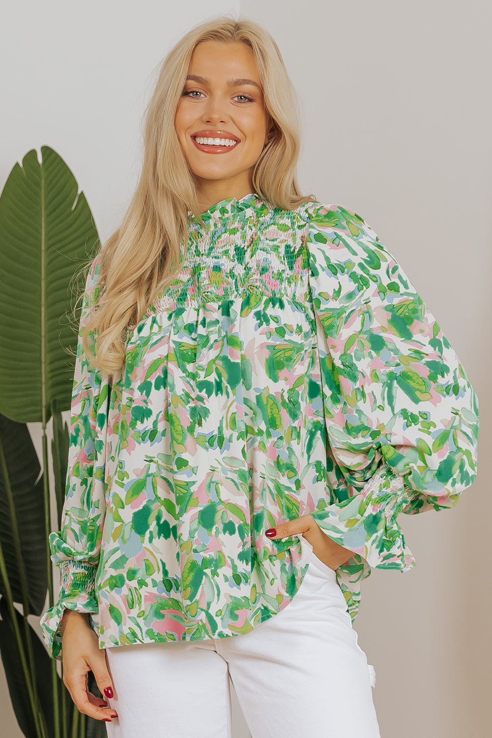 Green Leafy Printed Flounce Sleeve Shirred Mock Neck Blouse - Image 5