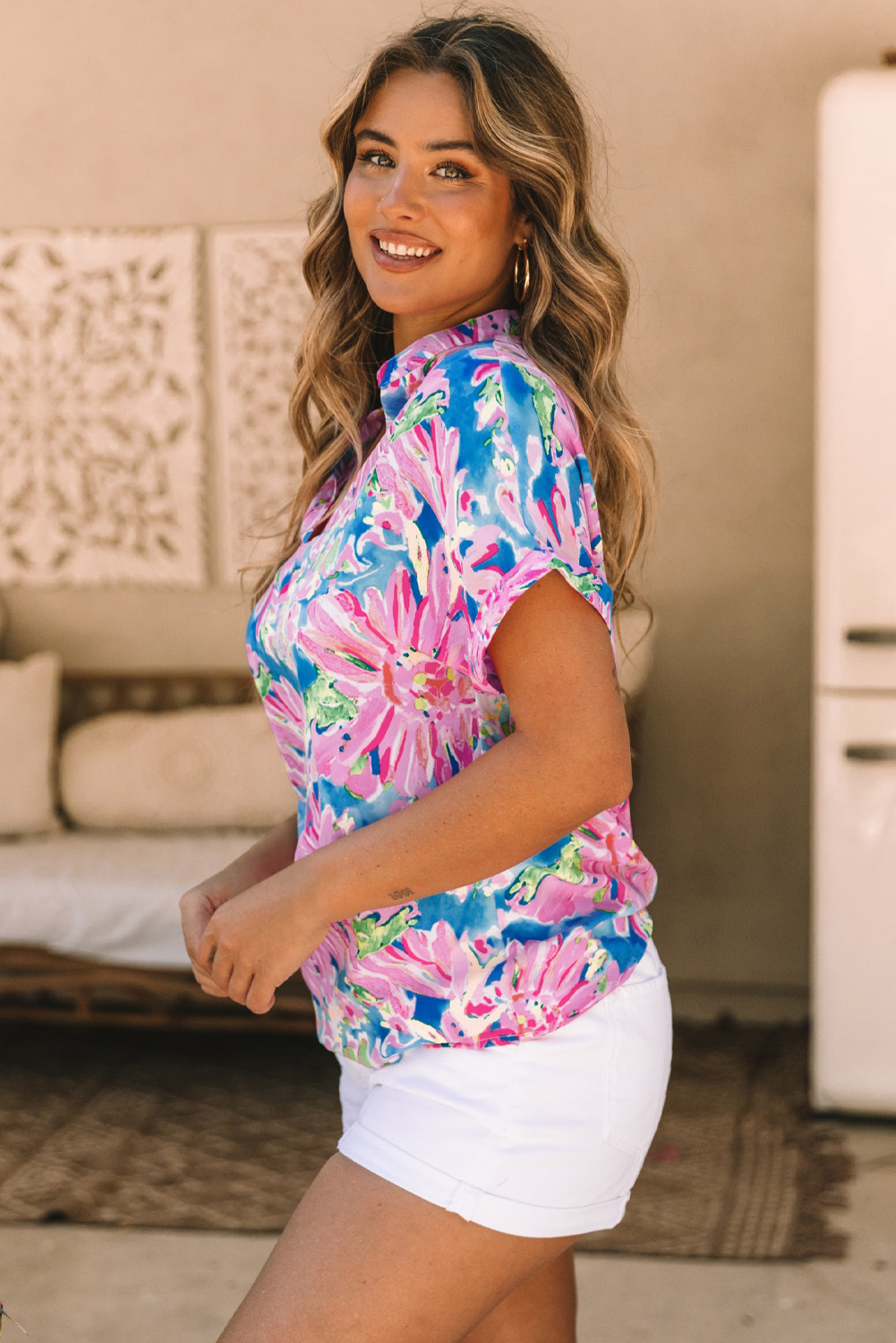Pink Abstract Floral Print Notch V Neck Rolled Short Sleeve Blouse - Image 3