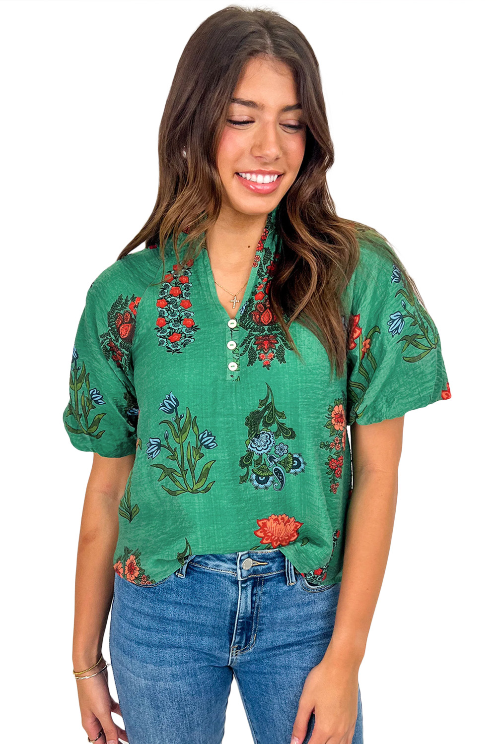 Bright Green Floral Print Buttoned V Neck Short Sleeve Blouse - Image 5
