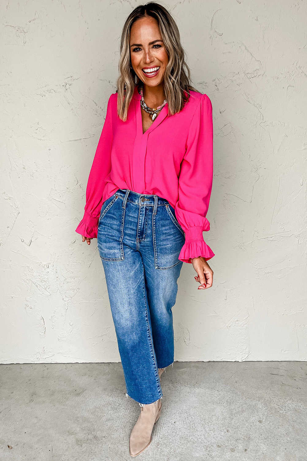 Rose Red Solid Color Shirred Cuff Notch V Neck Blouse - Image 5