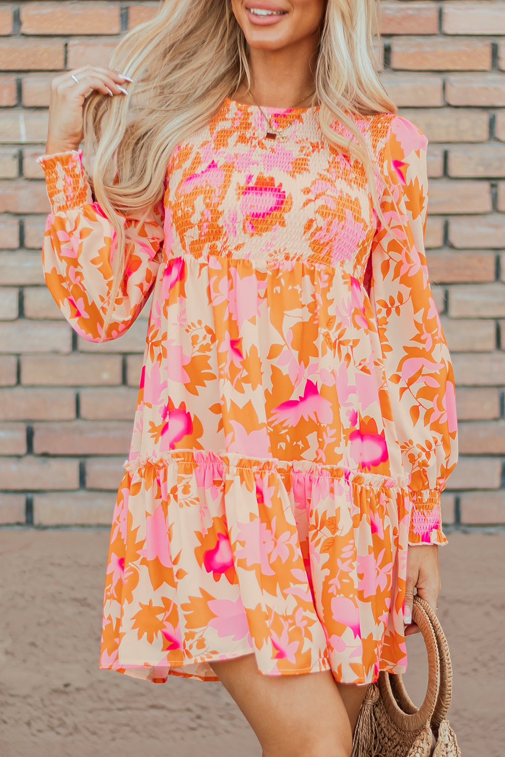Orange Abstract Print Smocked Lantern Sleeve Ruffle Mini Dress - Image 8