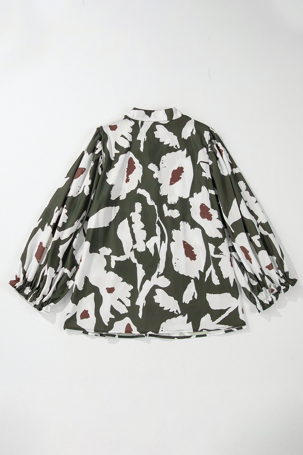 Four Leaf Clover Abstract Floral Print Puff Sleeve Half Button Blouse - Image 6