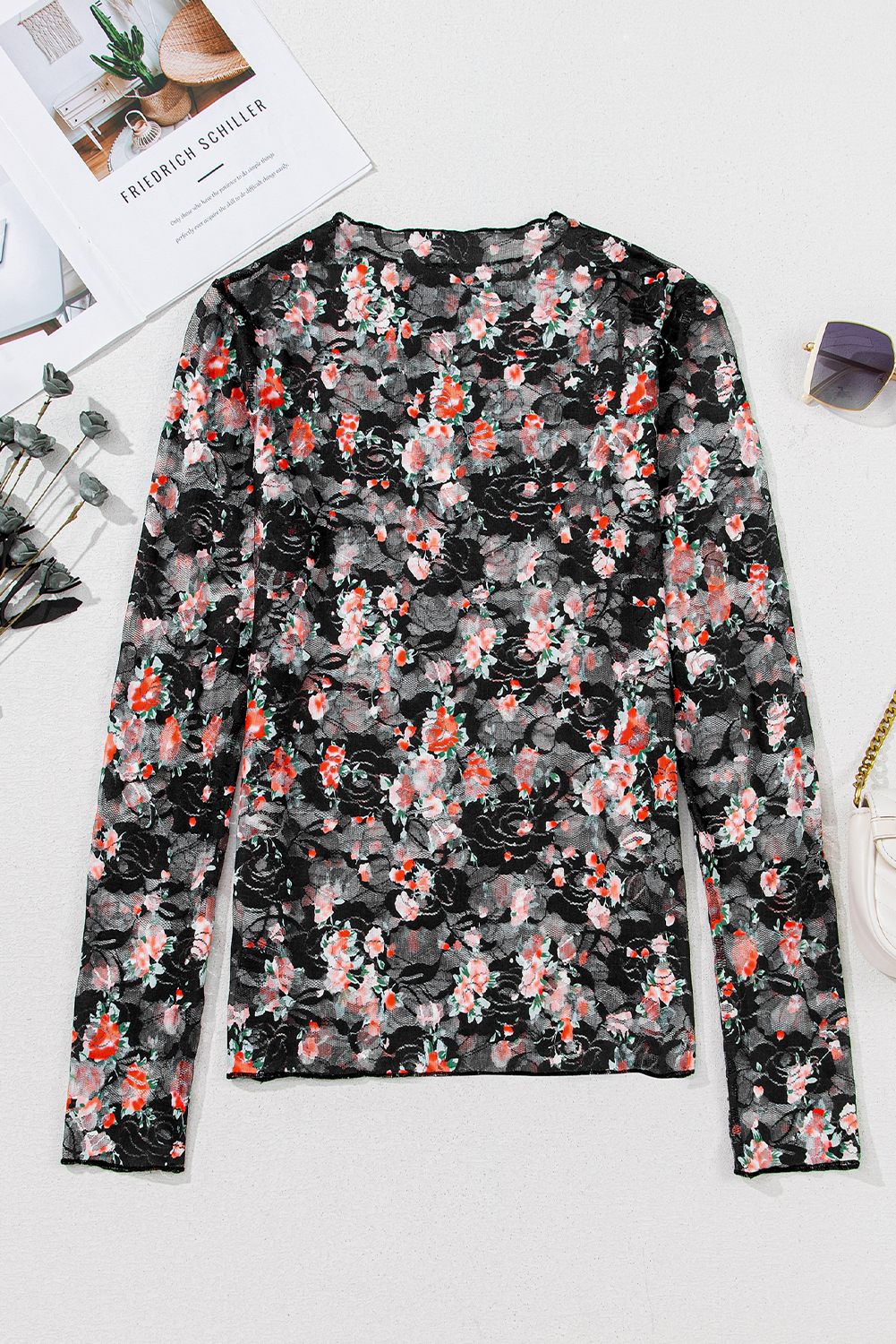 Black Floral Mesh Sheer Long Sleeve Top - Image 7