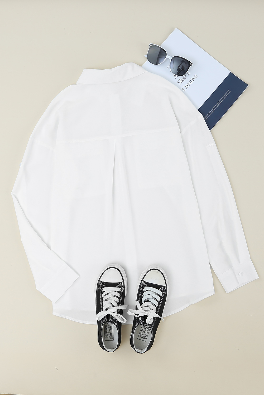 White Solid Pocket Long Sleeve Button-up Shirt - Image 6