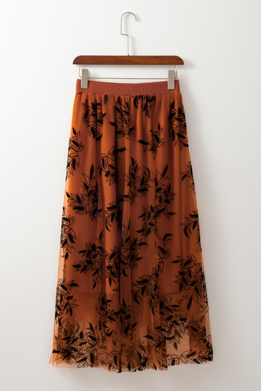 Gold Flame Floral Leaves Embroidered High Waist Maxi Skirt - Image 5
