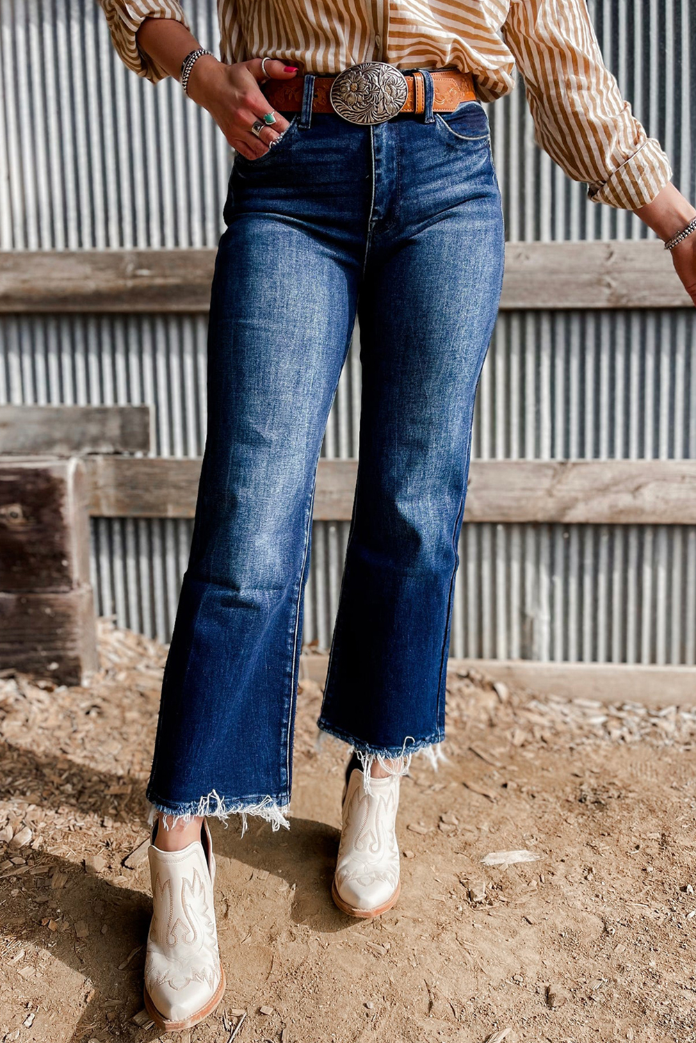 Sail Blue Mineral Wash Raw Hem High Waist Flared Jeans - Image 4