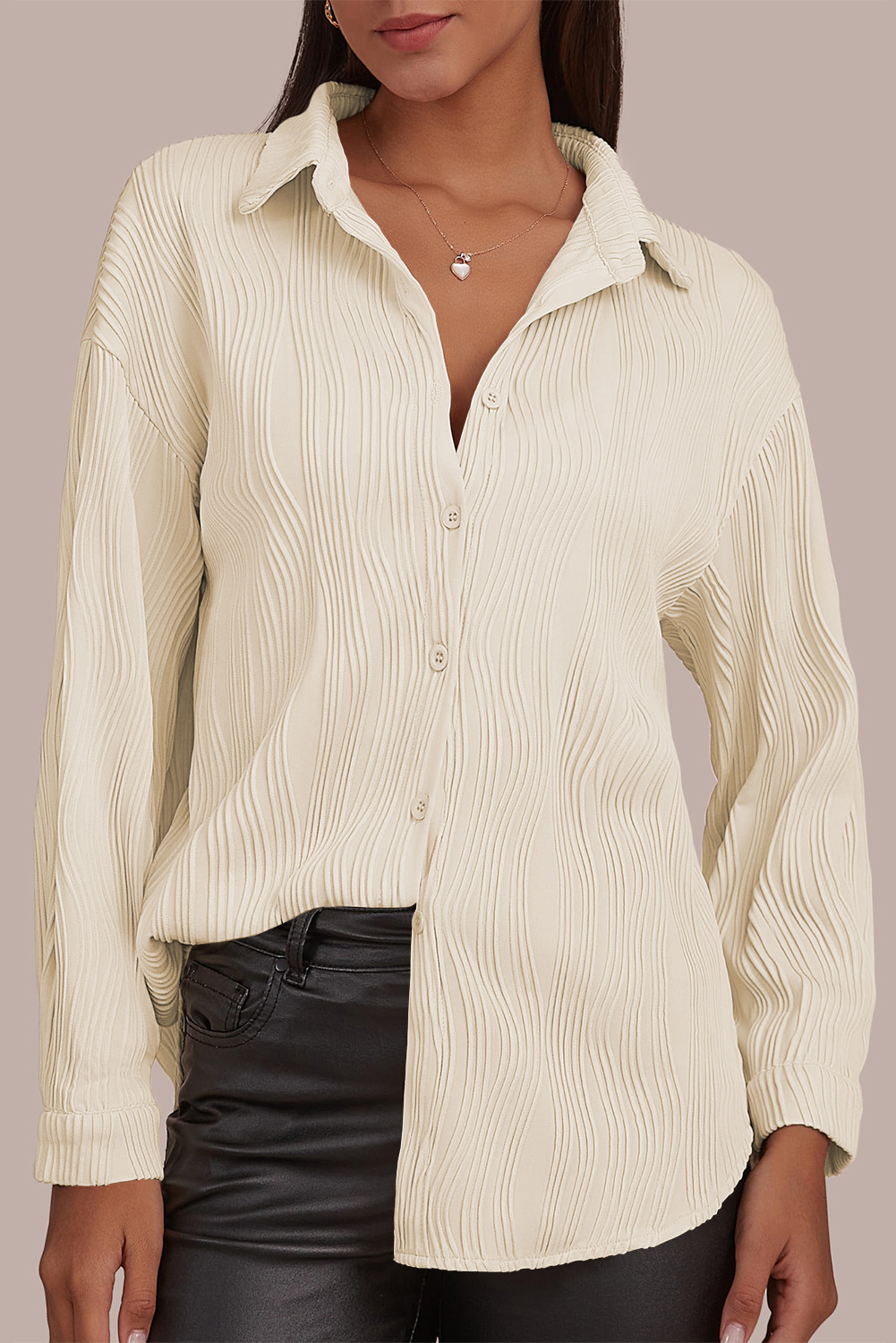Apricot Solid Textured Buttoned Turn Down Collar Shirt - Image 4