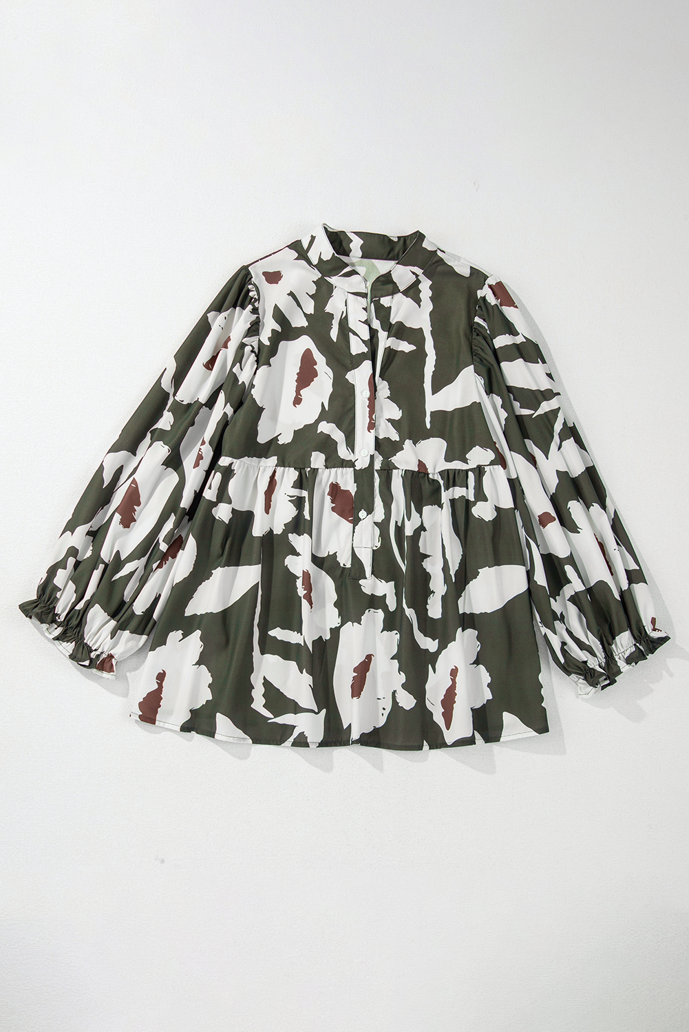 Four Leaf Clover Abstract Floral Print Puff Sleeve Half Button Blouse - Image 5
