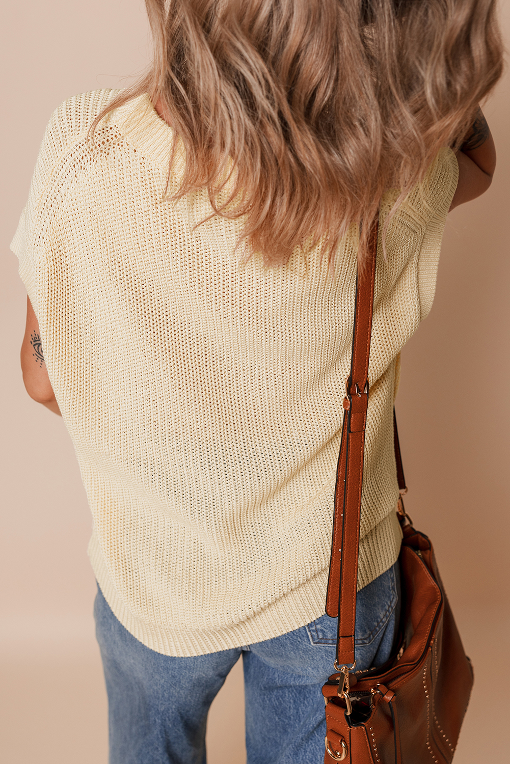 Oatmeal Solid Color Batwing Short Sleeve Round Neck Knit T Shirt - Image 2