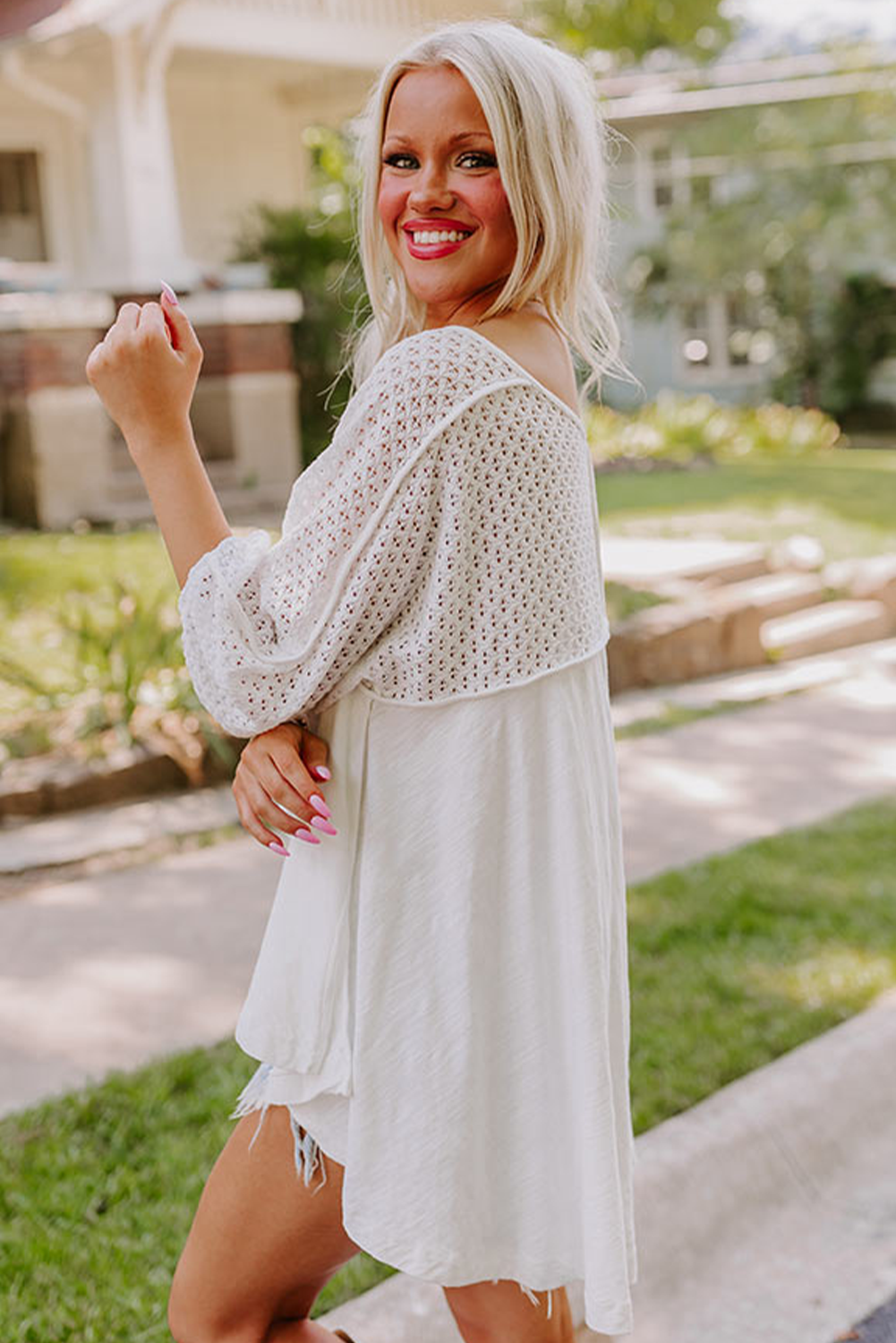 White Eyelet Patchwork High Low Hem V Neck Oversized Top - Image 3