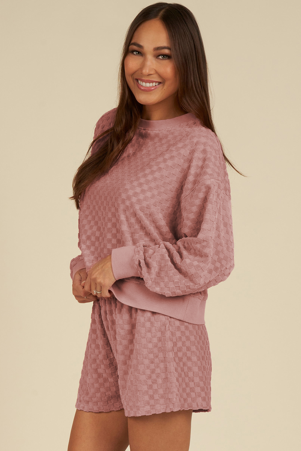Blossom Checkered Textured Long Sleeve Top and Shorts Set - Image 3