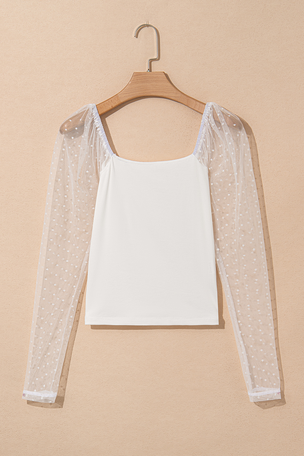 White Swiss Dot Mesh Long Sleeve Square Neck Slim Top - Image 6