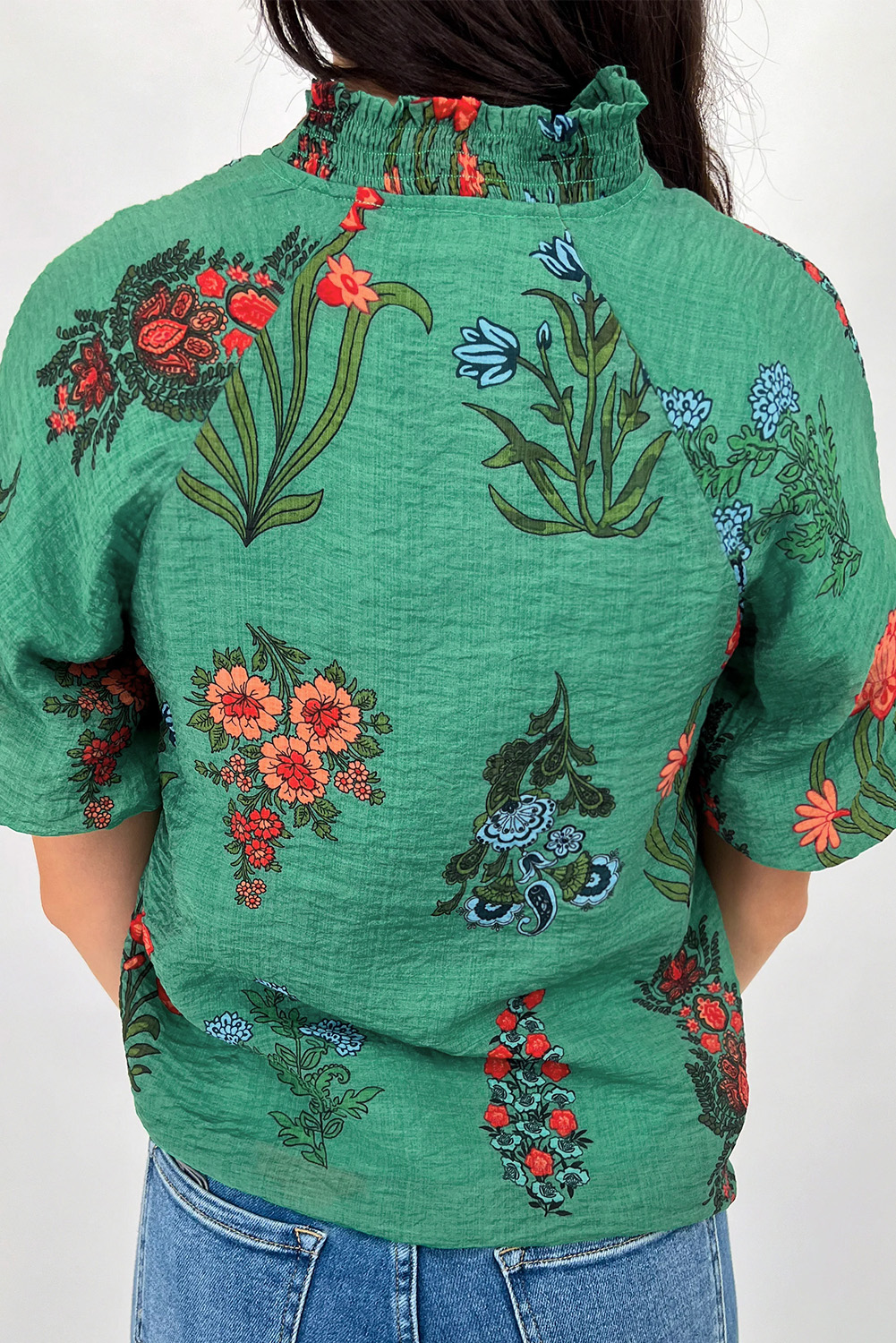 Bright Green Floral Print Buttoned V Neck Short Sleeve Blouse - Image 2