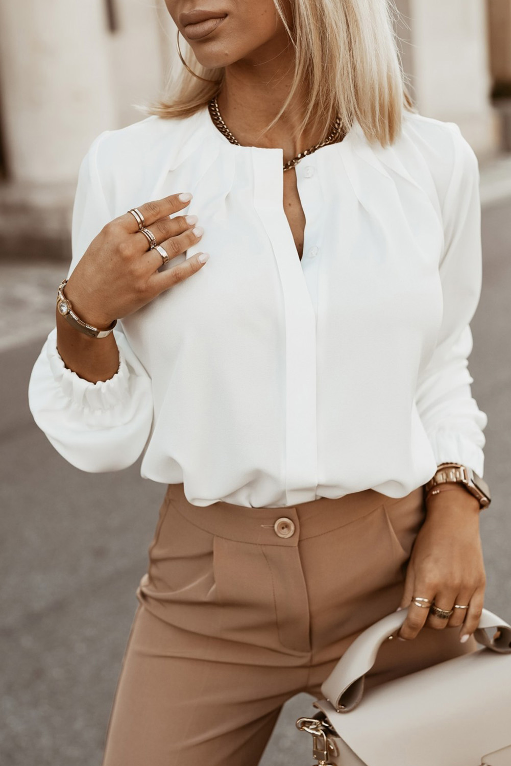 White Crew Neck Gathered Stretch Cuff Shirt - Image 3