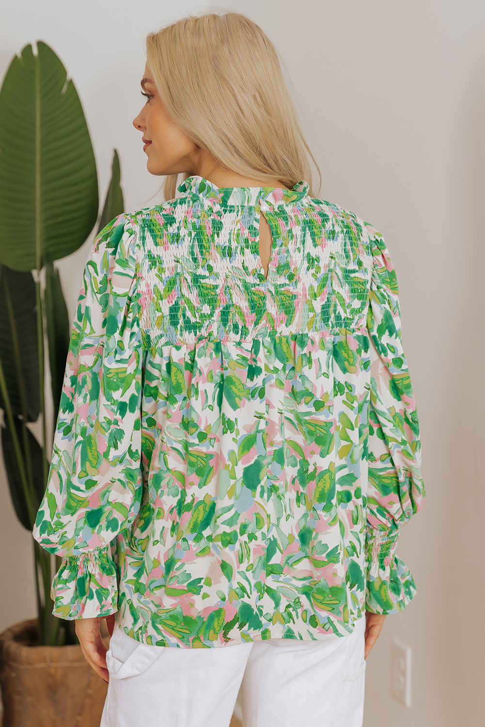 Green Leafy Printed Flounce Sleeve Shirred Mock Neck Blouse - Image 2