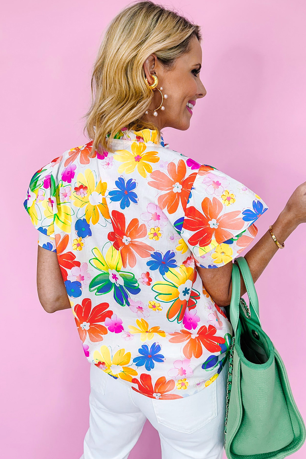 White Floral Bouquet Flutter Top - Image 2