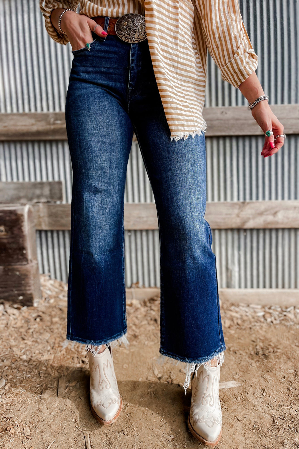 Sail Blue Mineral Wash Raw Hem High Waist Flared Jeans - Image 5