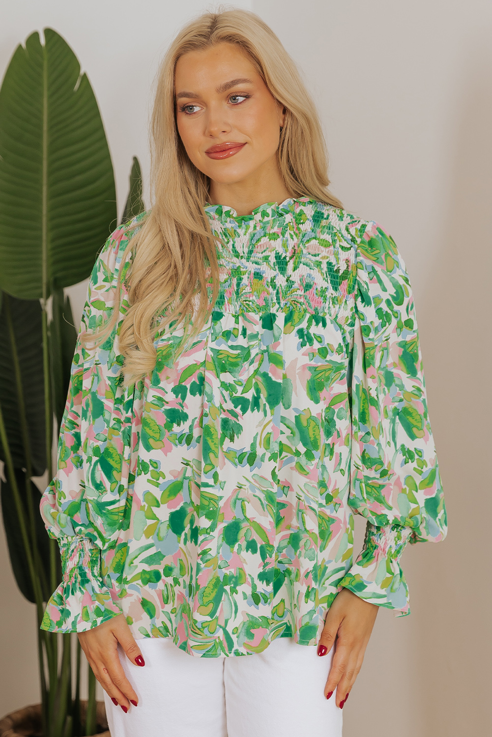Green Leafy Printed Flounce Sleeve Shirred Mock Neck Blouse - Image 4