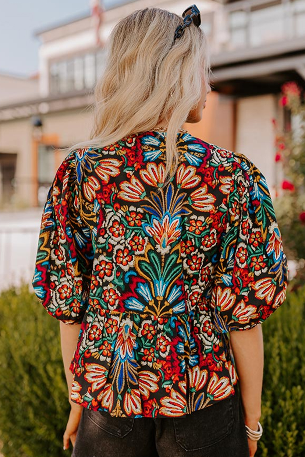 Black Tropical Print Bubble Sleeve Knot Front Blouse - Image 2