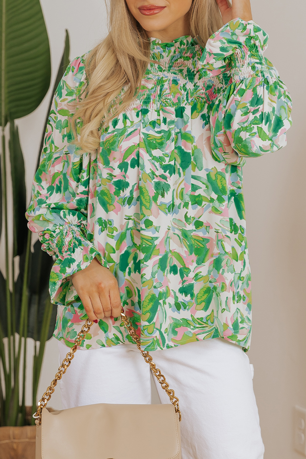 Green Leafy Printed Flounce Sleeve Shirred Mock Neck Blouse - Image 8