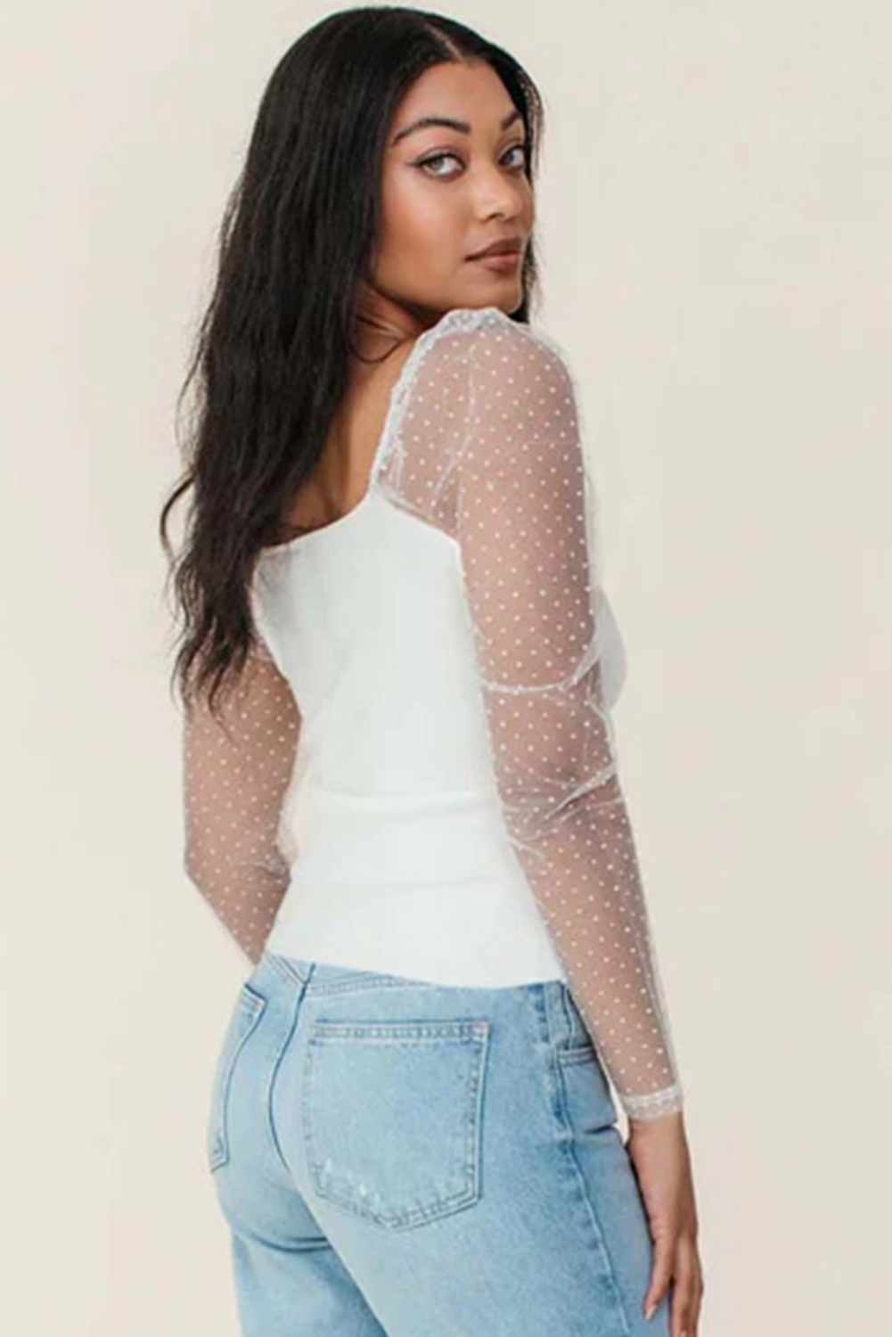 White Swiss Dot Mesh Long Sleeve Square Neck Slim Top - Image 2