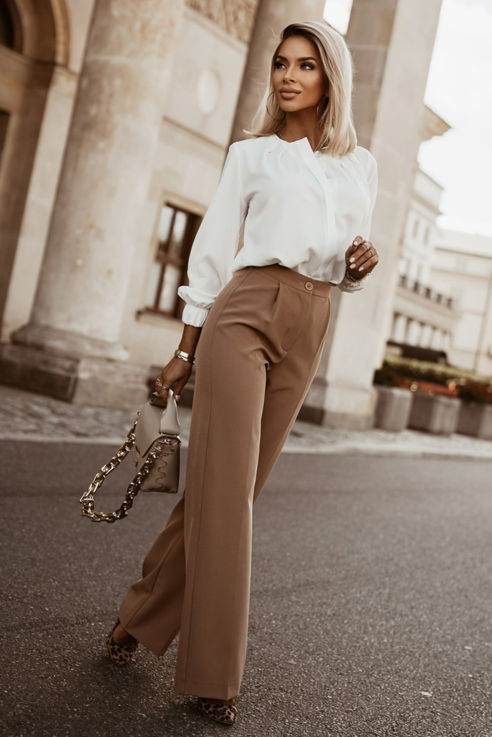 White Crew Neck Gathered Stretch Cuff Shirt - Image 5