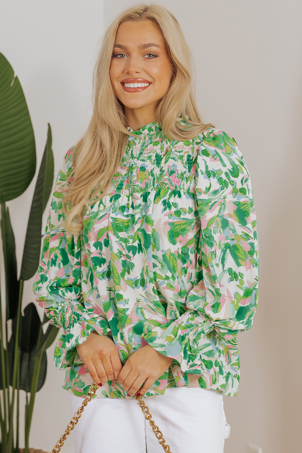 Green Leafy Printed Flounce Sleeve Shirred Mock Neck Blouse - Image 3