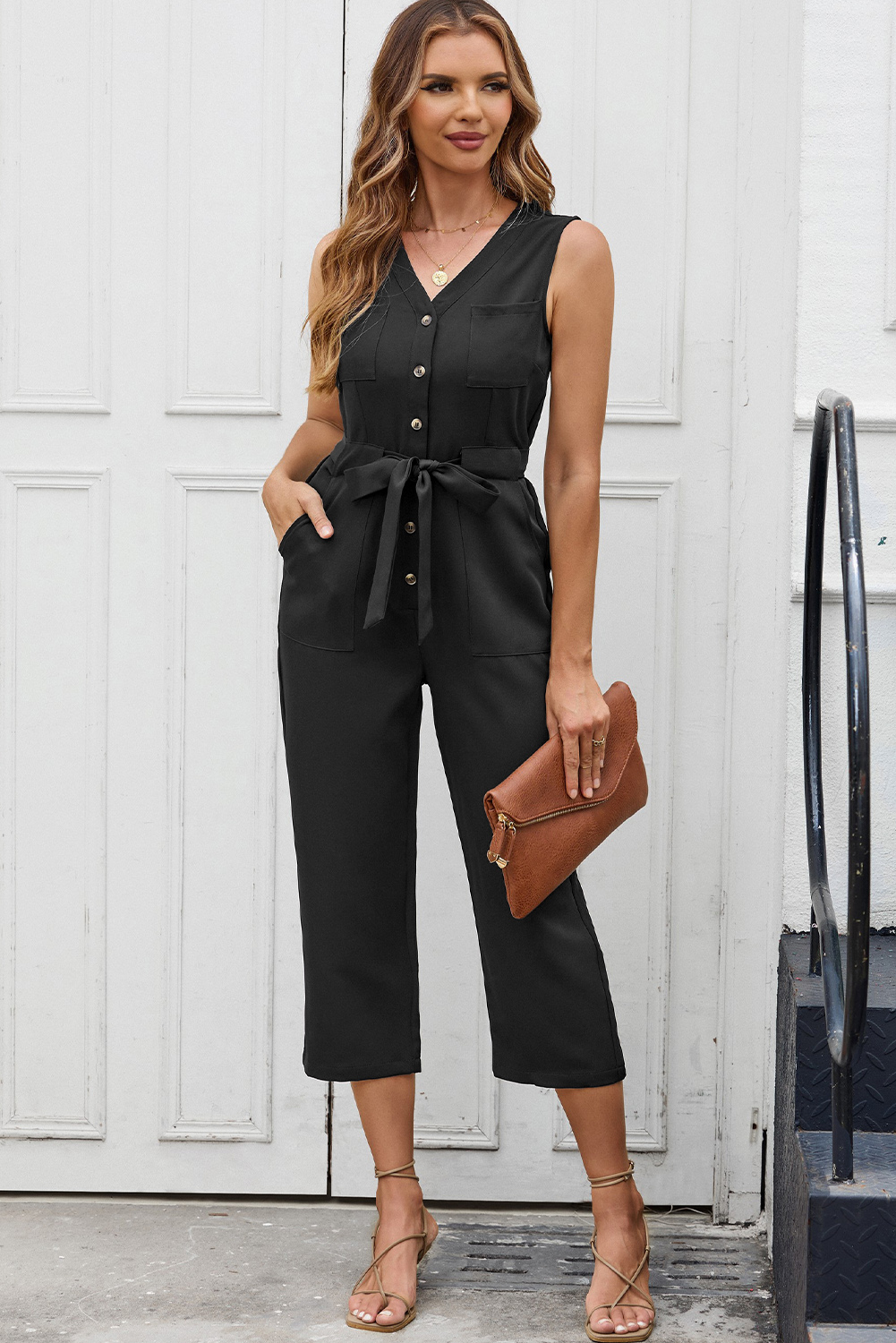 Black Buttoned Sleeveless Cropped Jumpsuit with Sash - Image 4