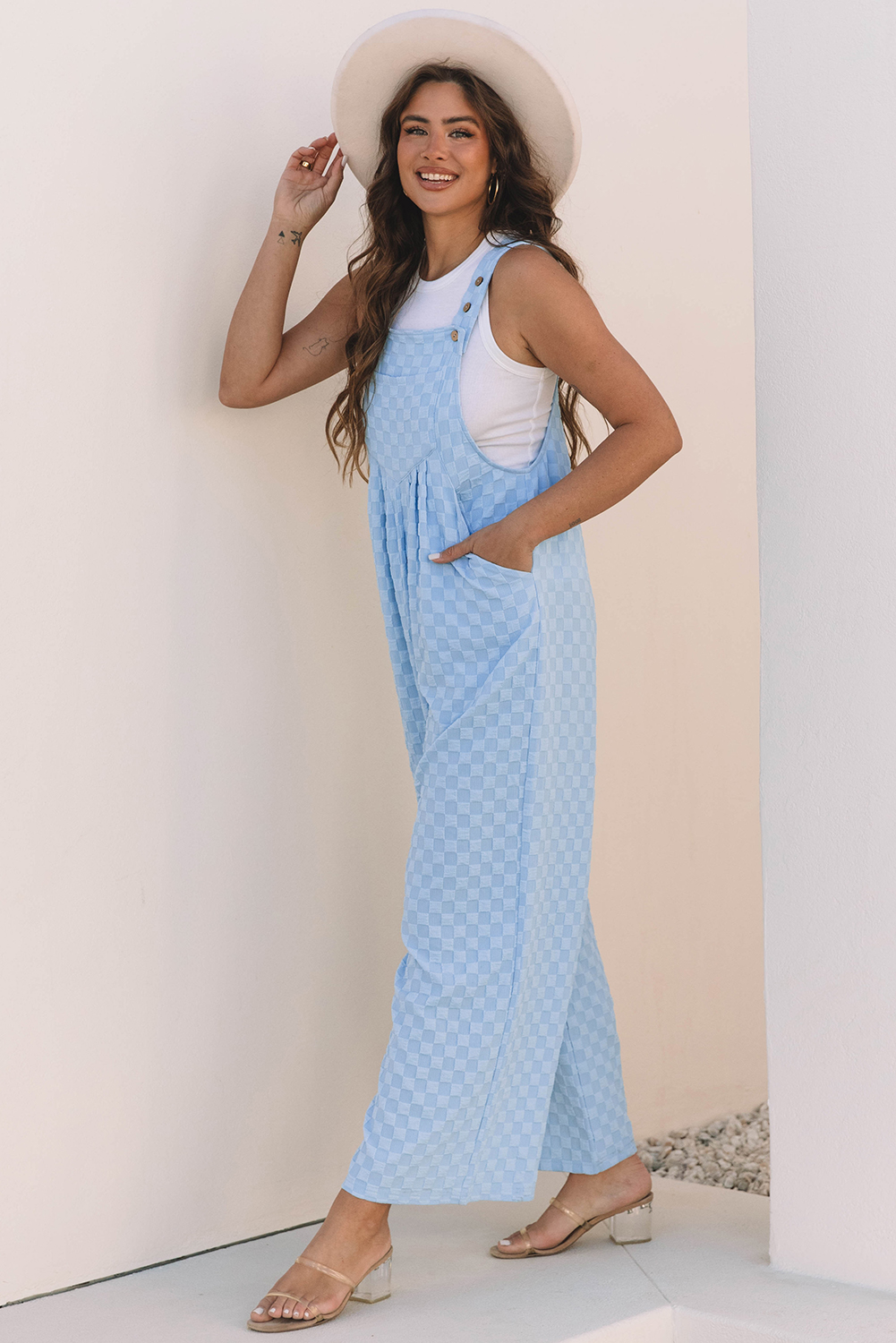 Beau Blue Checkered Pocketed High Waist Wide Leg Overall - Image 4