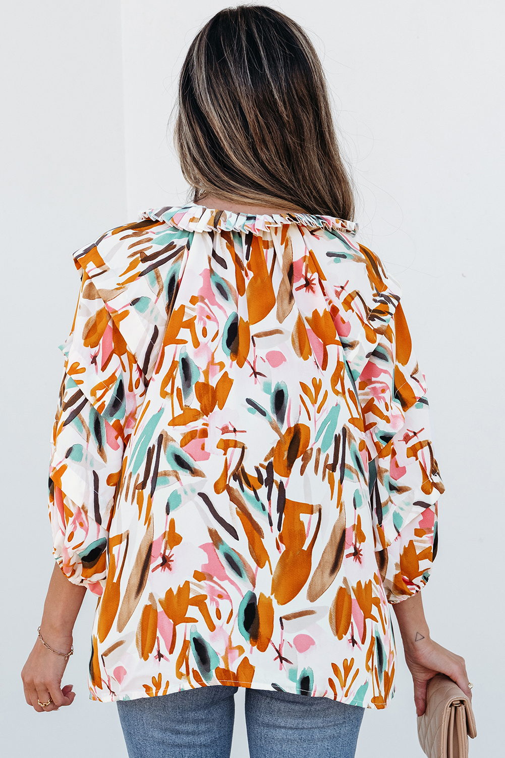 Yellow Abstract Print Drawstring Frilled V Neck 3/4 Sleeve Blouse - Image 2