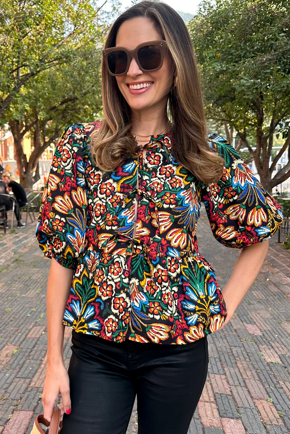 Black Tropical Print Bubble Sleeve Knot Front Blouse - Image 3