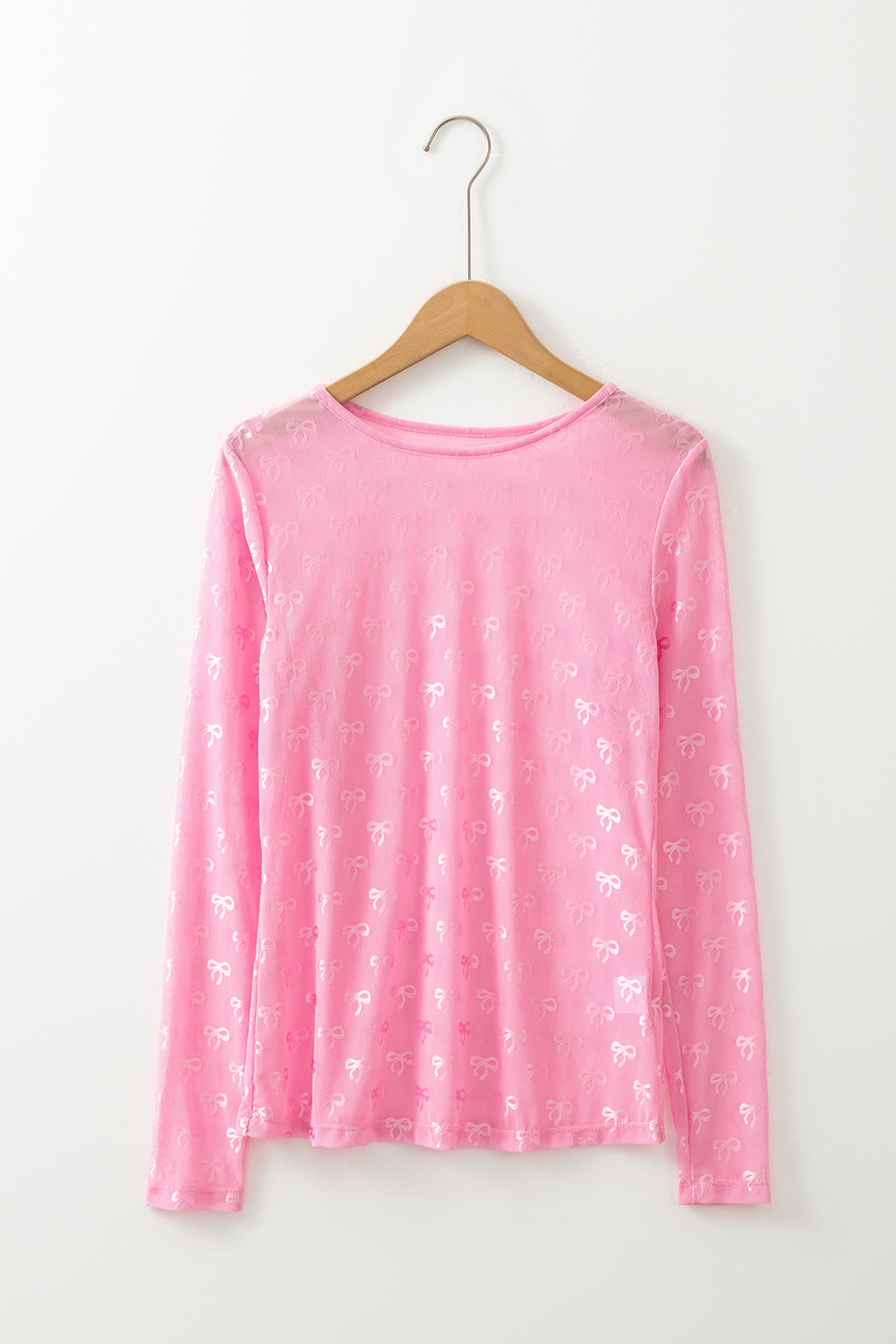 Pink Mesh Bow Pattern Long Sleeve Top - Image 3