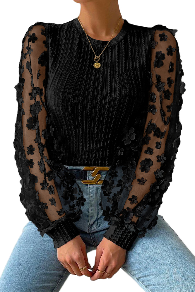 Black Floral Applique Mesh Sleeves Textured Knit Blouse - Image 5
