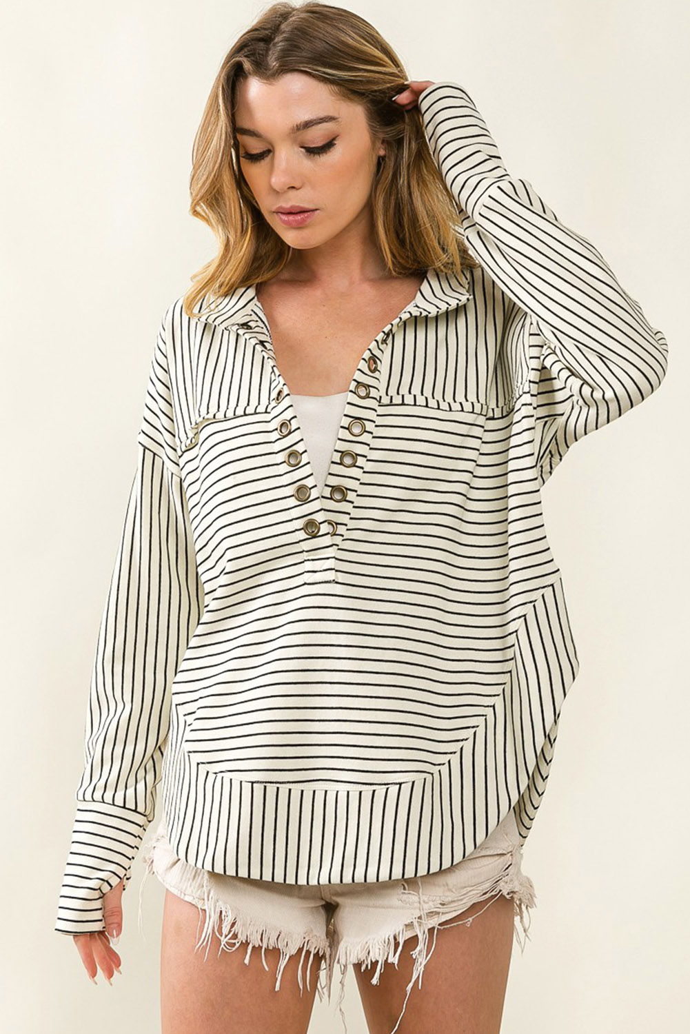White Striped Thumbhole Drop Shoulder V Neck Top - Image 6
