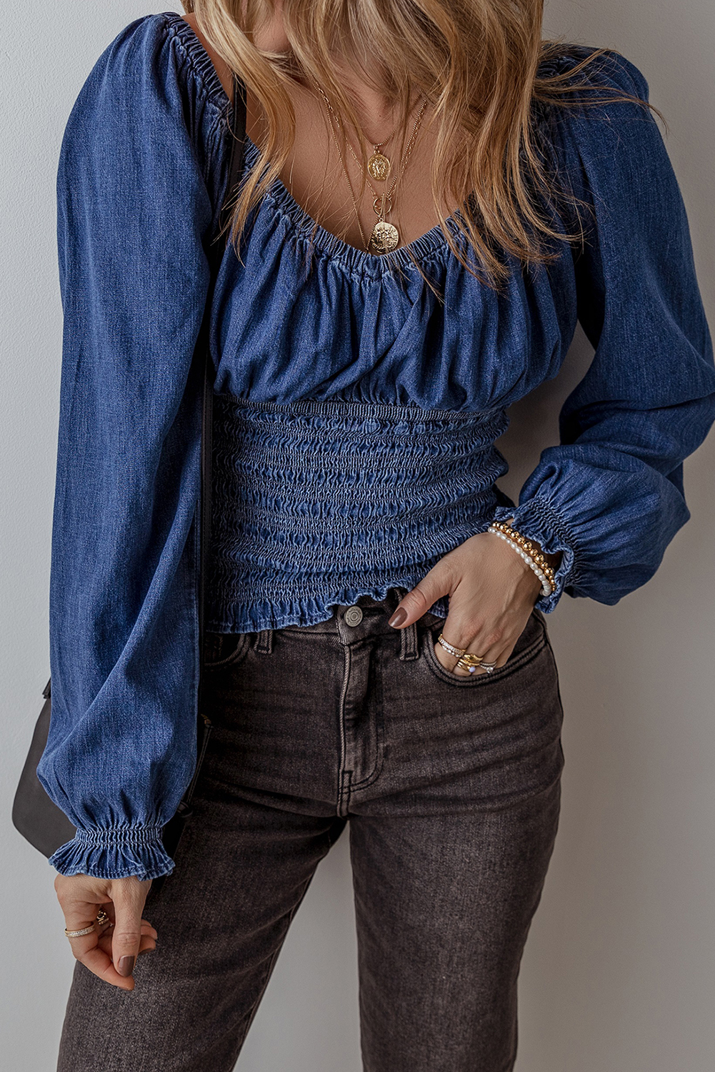 Dark Blue Smocked Ruffled Puff Sleeve V Neck Denim Blouse - Image 3