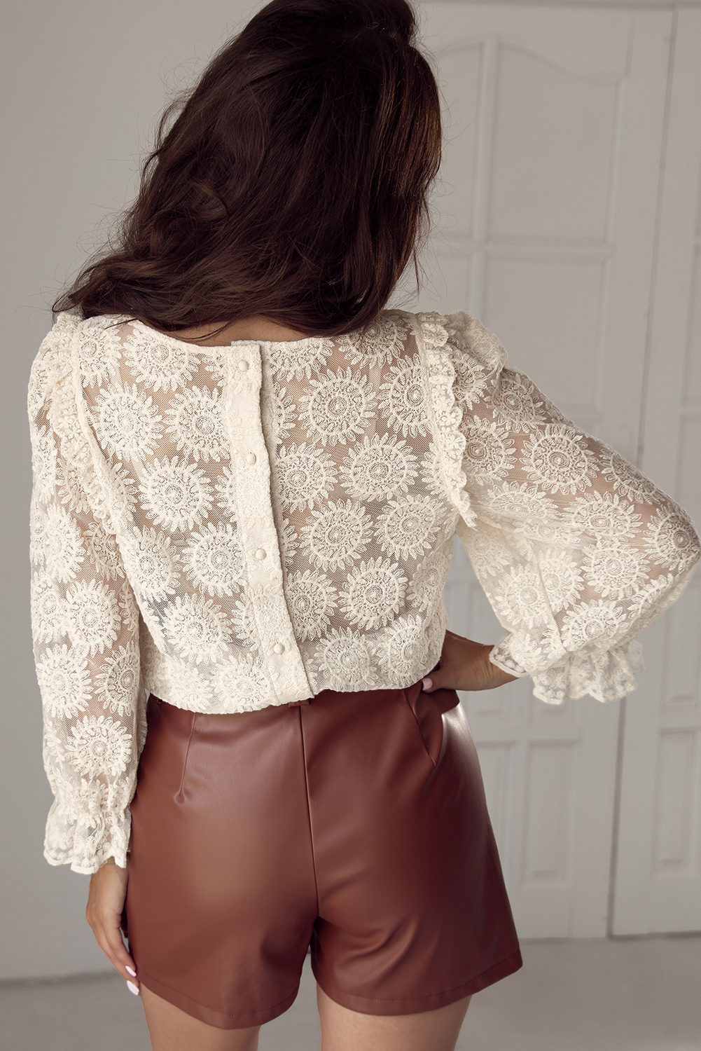 Oatmeal Flower Jacquard Button Back Ruffled 3/4 Sleeve Blouse - Image 2