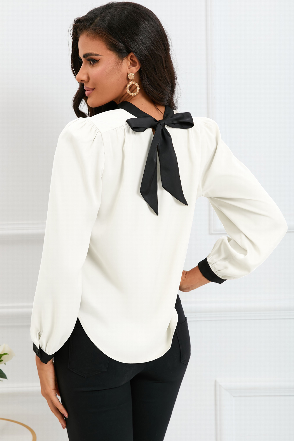 White Color Block Bow Back Mock Neck Blouse - Image 2