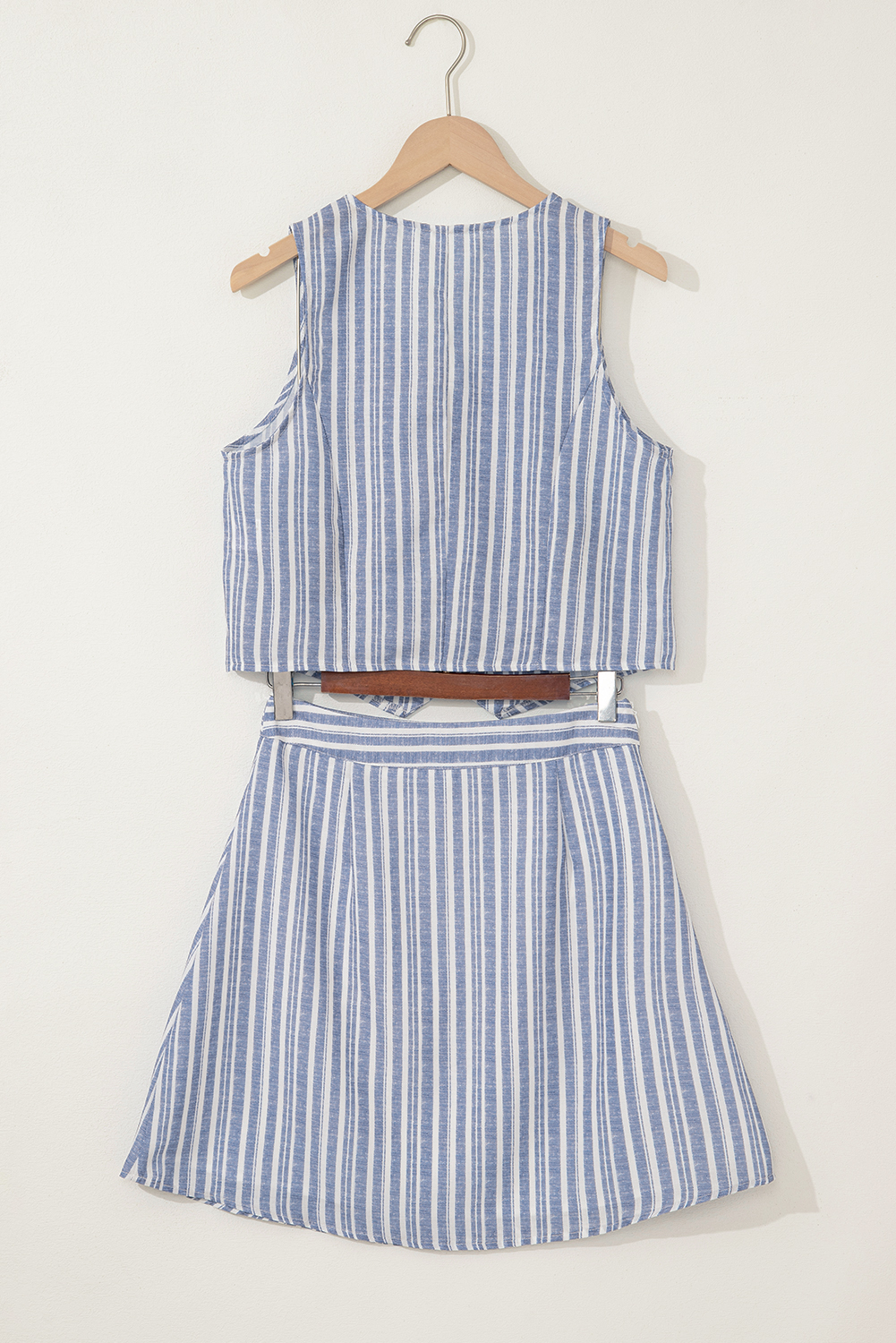 Sky Blue Stripe Buttoned Office Waistcoat Mini Skirt Set - Image 4