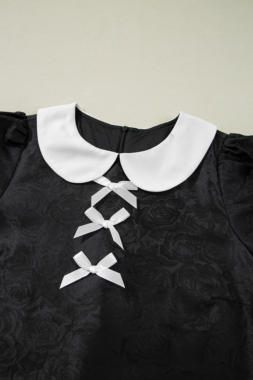 Black Floral Embossed Puff Sleeve Colorblock Bow Collared Mini Dress - Image 6