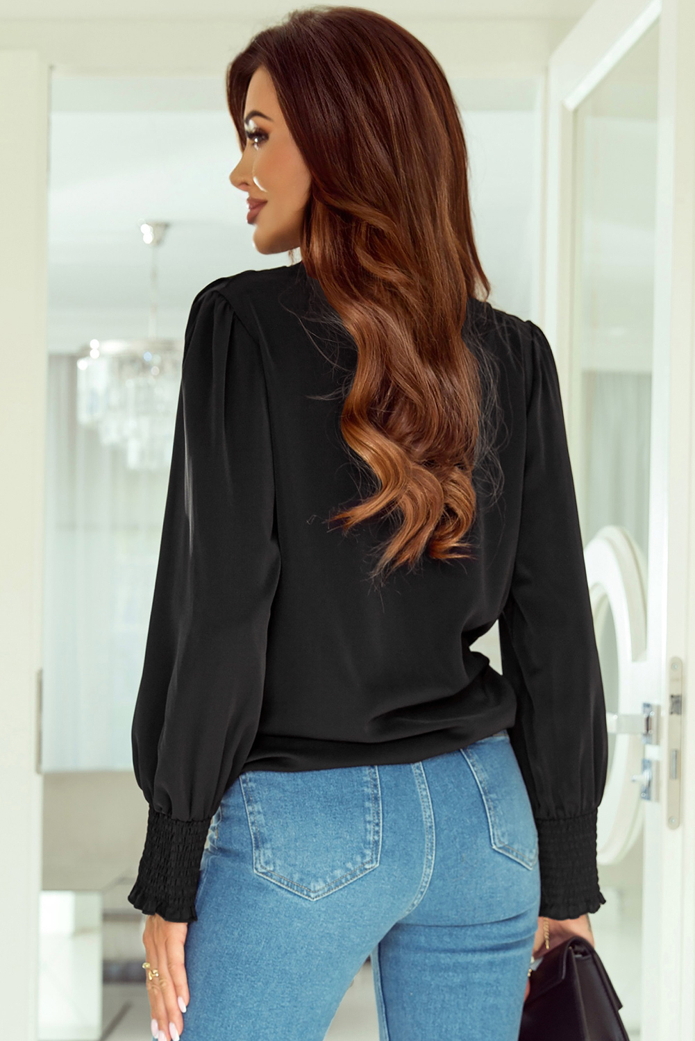 Black Solid Surplice Neck Shirred Cuffs Draped Blouse - Image 2